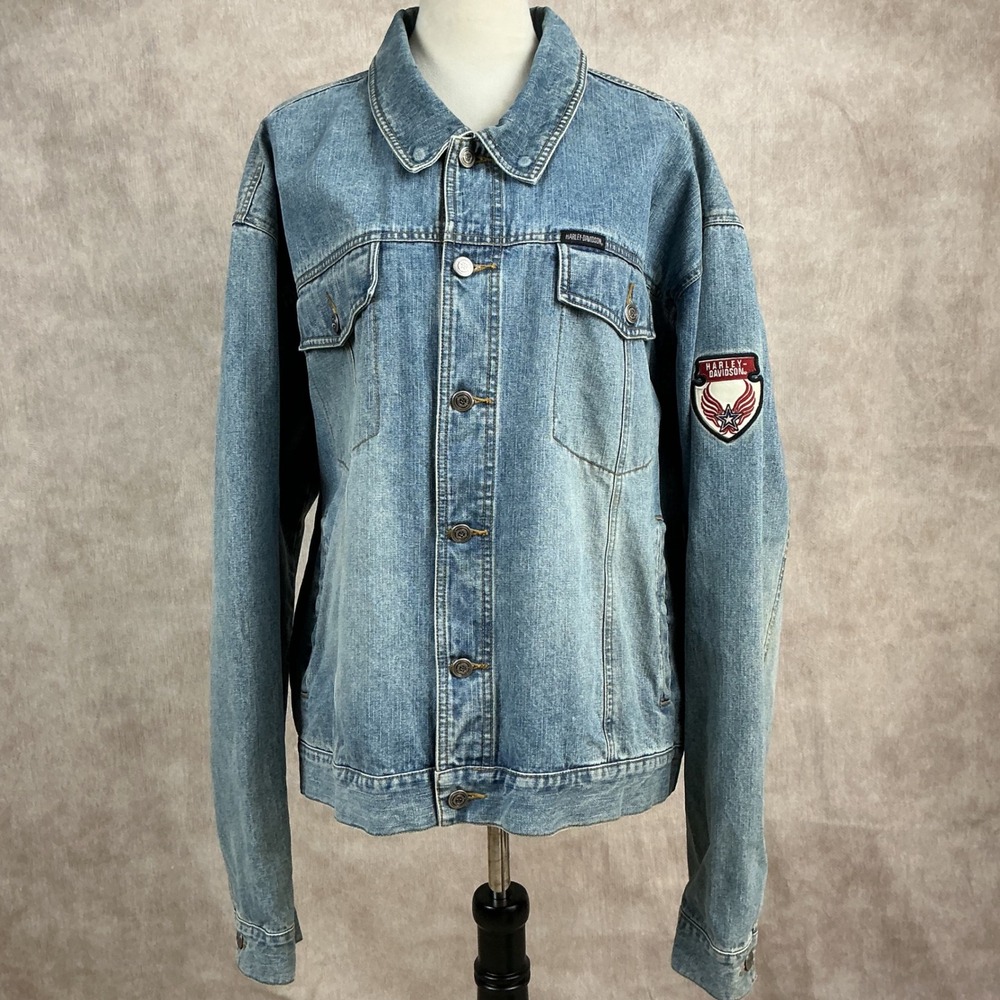 Harley Davidson Mens Denim Jacket Live to Ride‎ Eagle Patch Blue XL